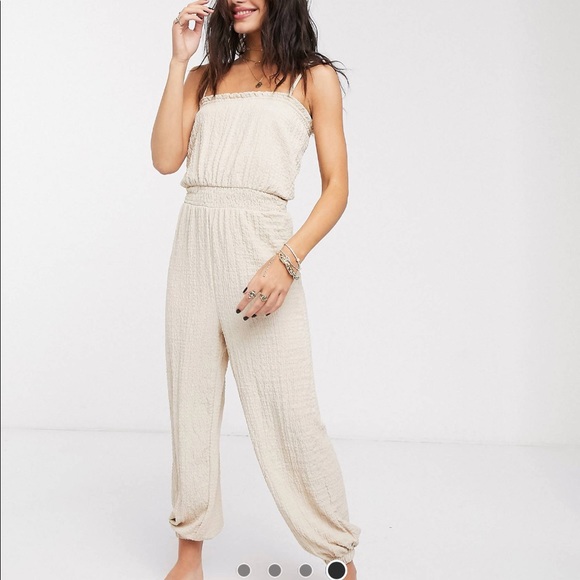 Bershka Pants - BERSHKA CRINKLE TAN JUMPSUIT XS